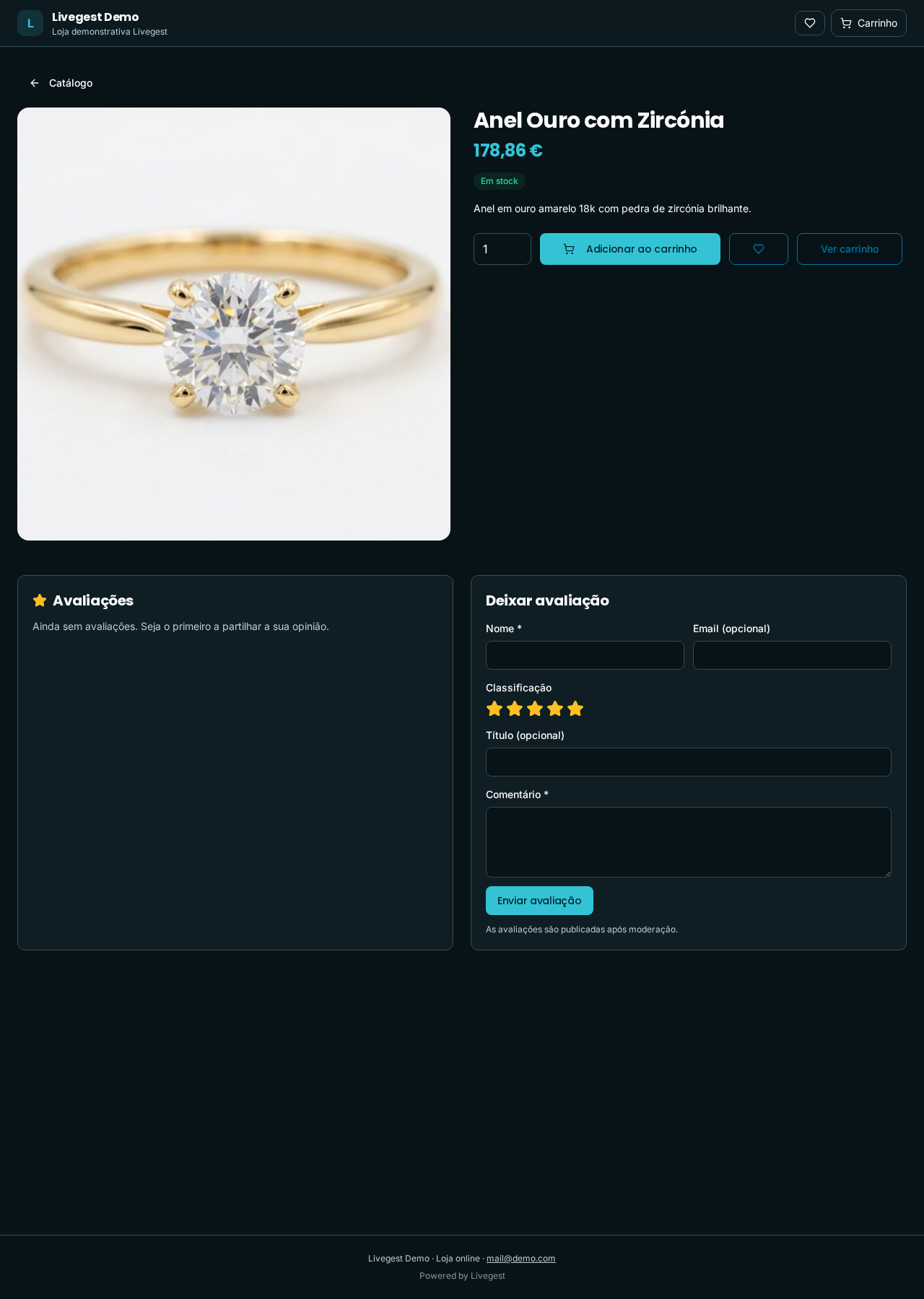 Loja Livegest — Ficha de produto com galeria e stock
