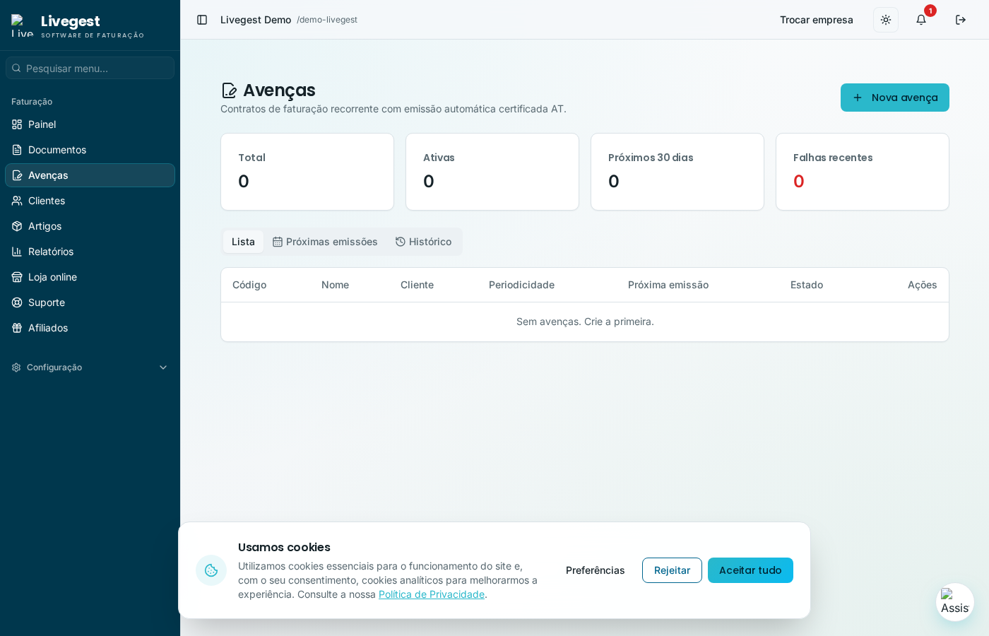 Livegest — Avenças e faturação recorrente