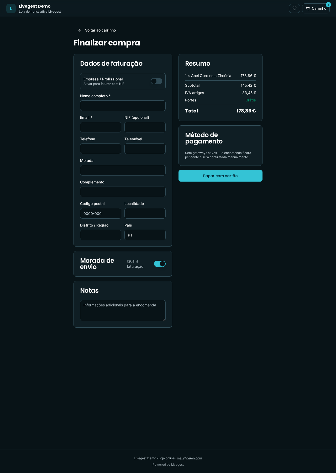 Loja Livegest — Checkout Stripe, MB WAY e Multibanco
